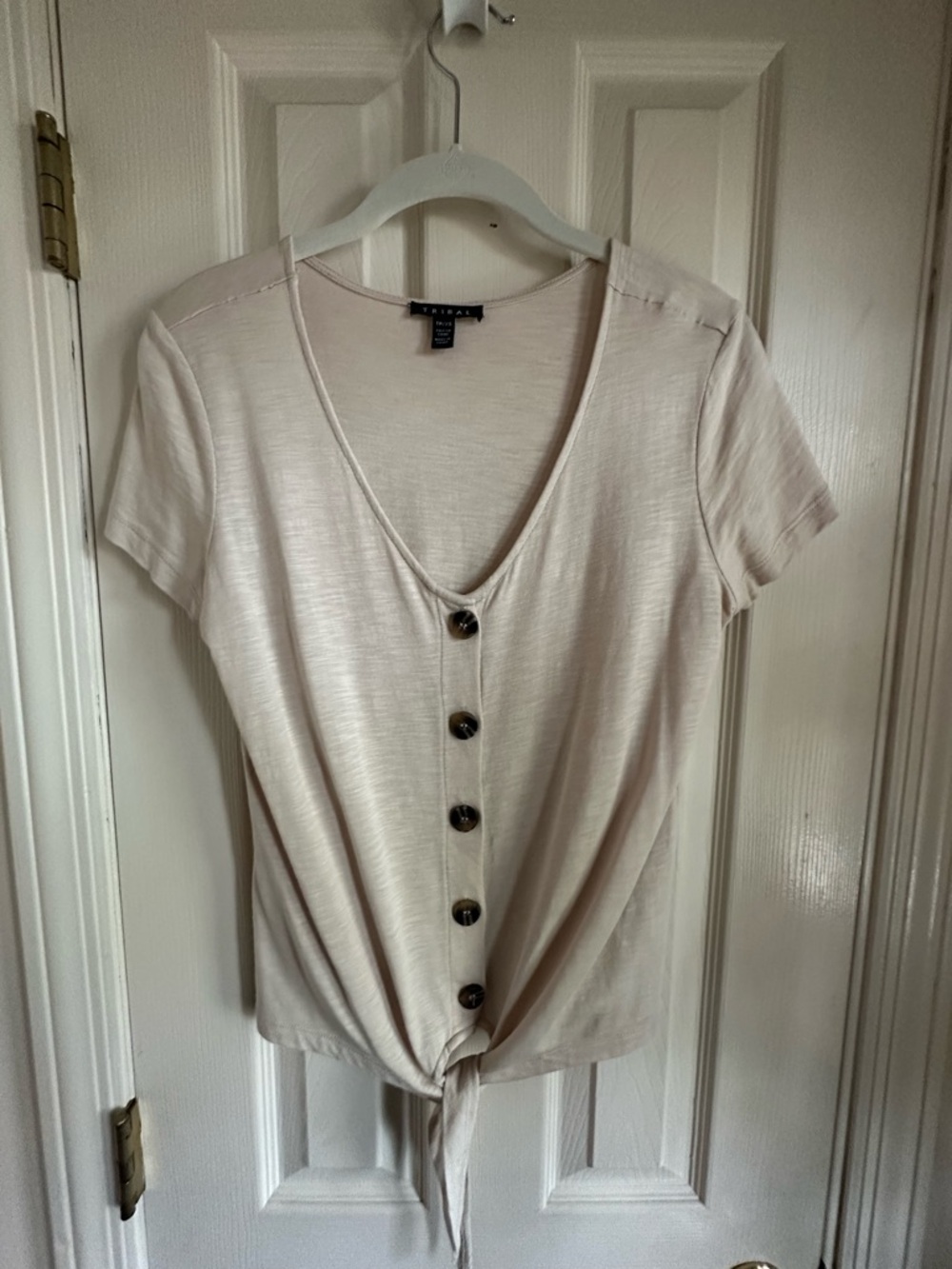 Tribal Cream Short Sleeve Tie-Front Button V-Neck Top
